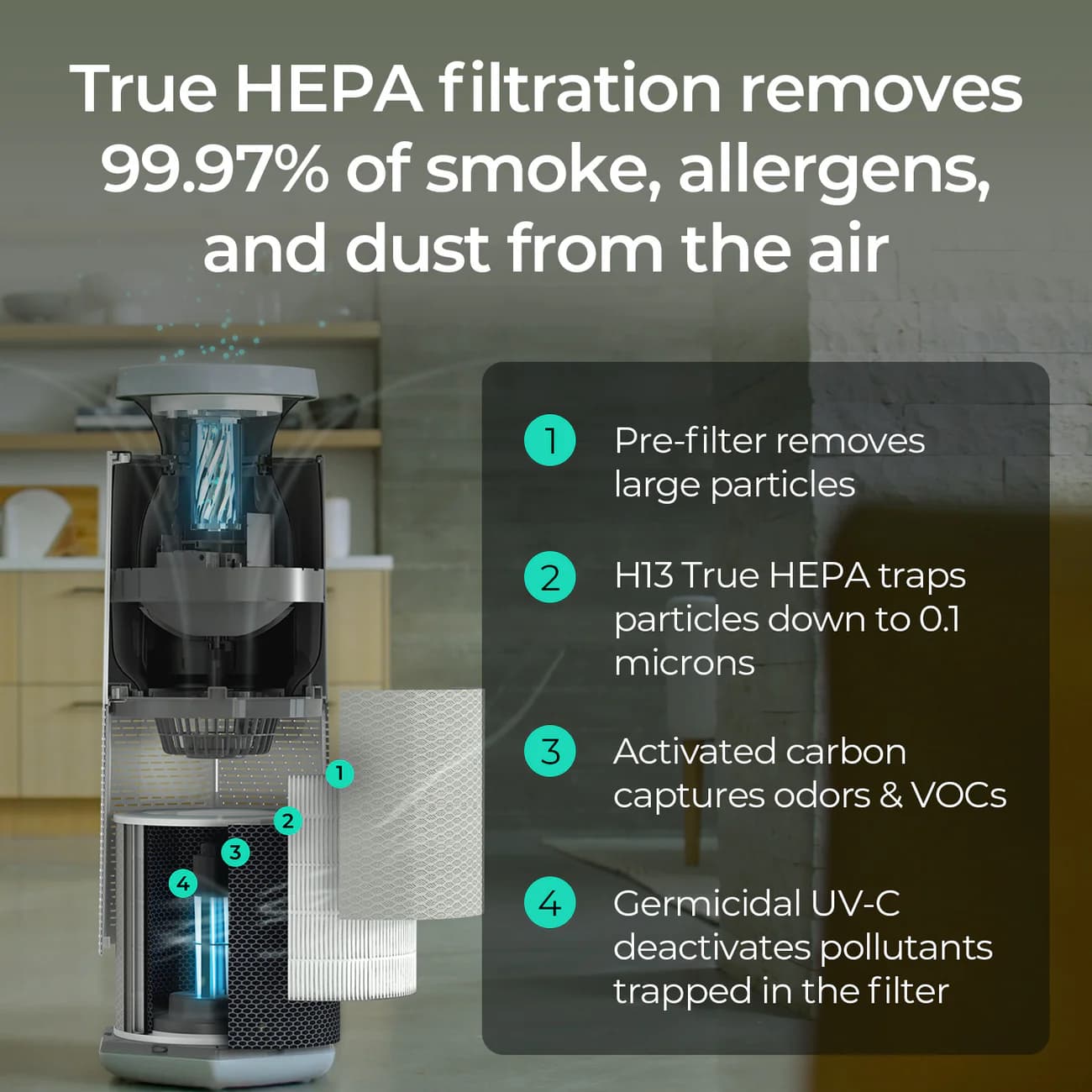 Puraclenz Core HEPA air purifier removes smoke allergens dust with carbon and UVC