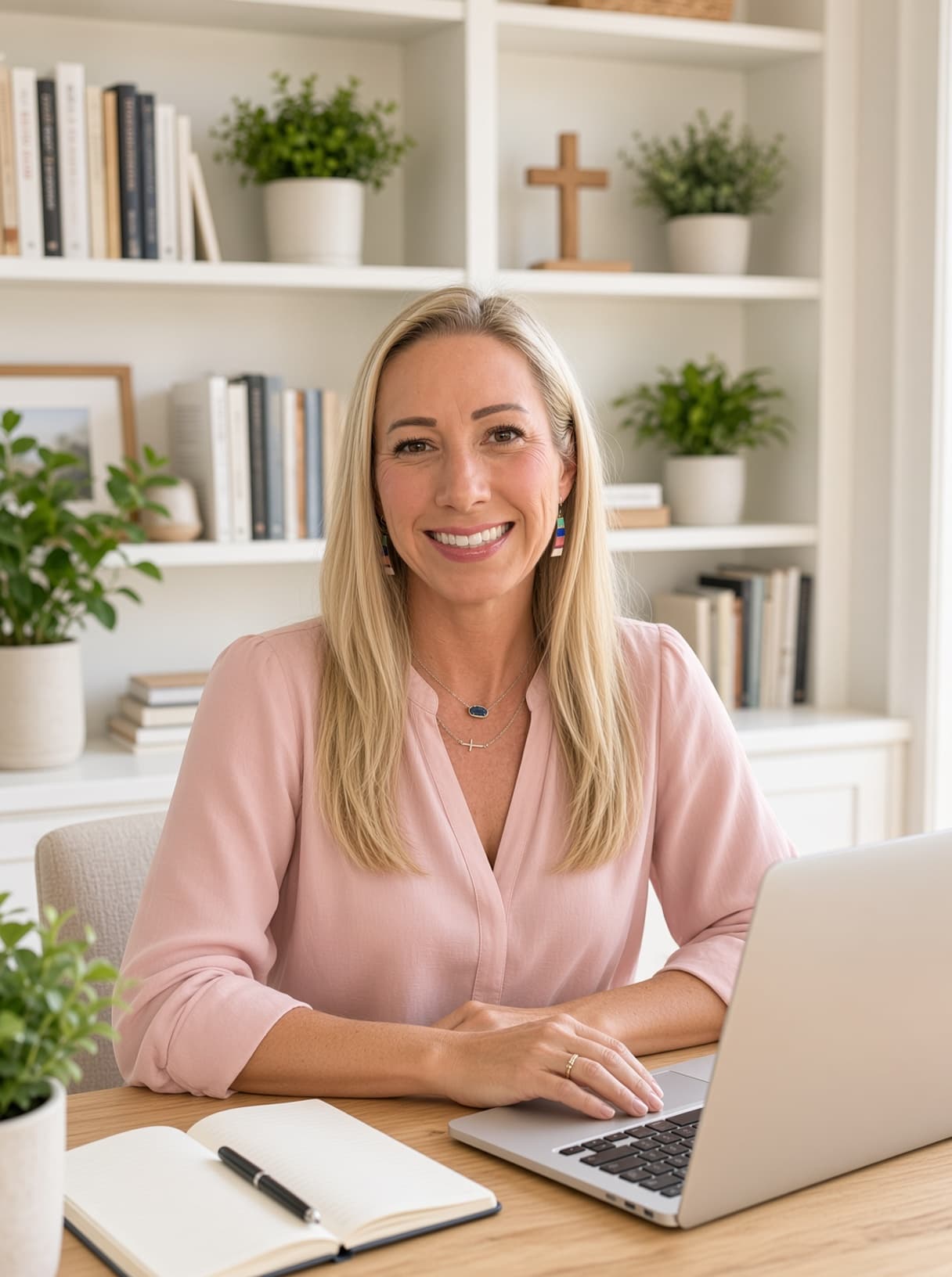 Aubree Felderhoff smiling at her desk with a laptop and notebook