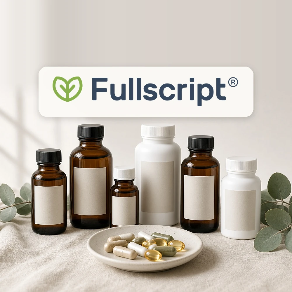 Mold recovery supplement bundle: amber and white supplement bottles with capsules on a plate