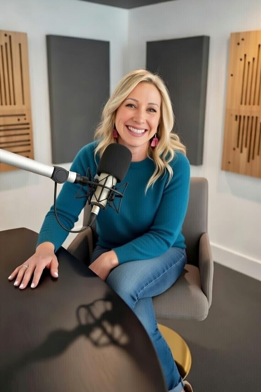 Aubree recording the Mold Free Mom Podcast