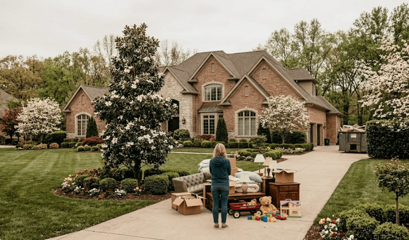 Woman standing in front of her dream home with furniture and belongings piled on the driveway before leaving due to mold illness