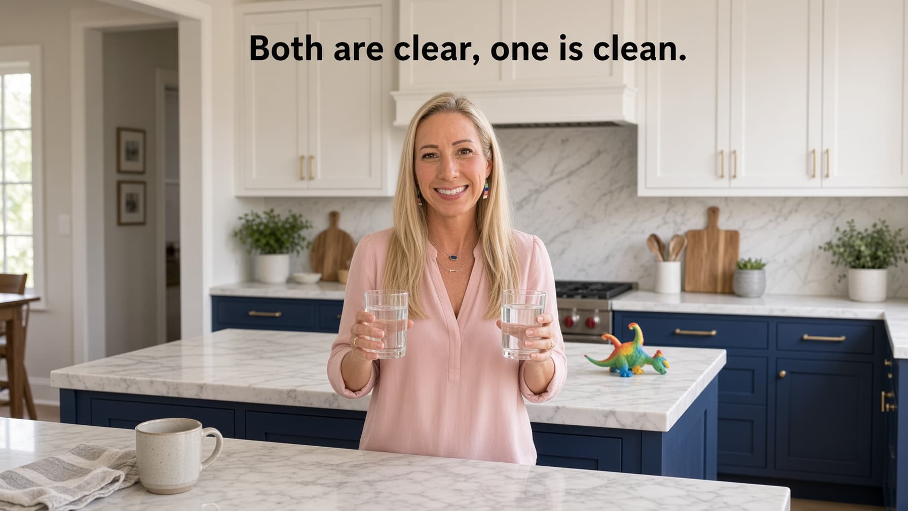 Aubree Felderhoff holding two clear glasses of water in her kitchen under the words both are clear, one is clean