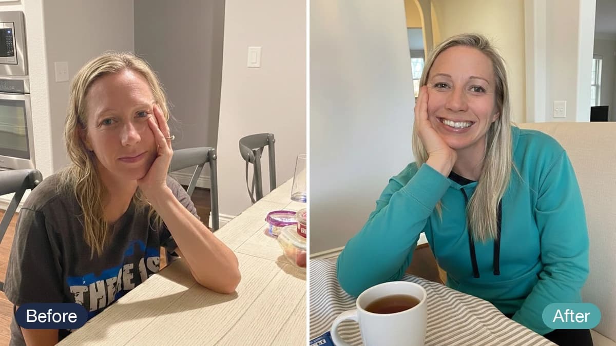 Aubree Felderhoff before and after recovering from mold illness, visibly unwell on the left and healthy on the right