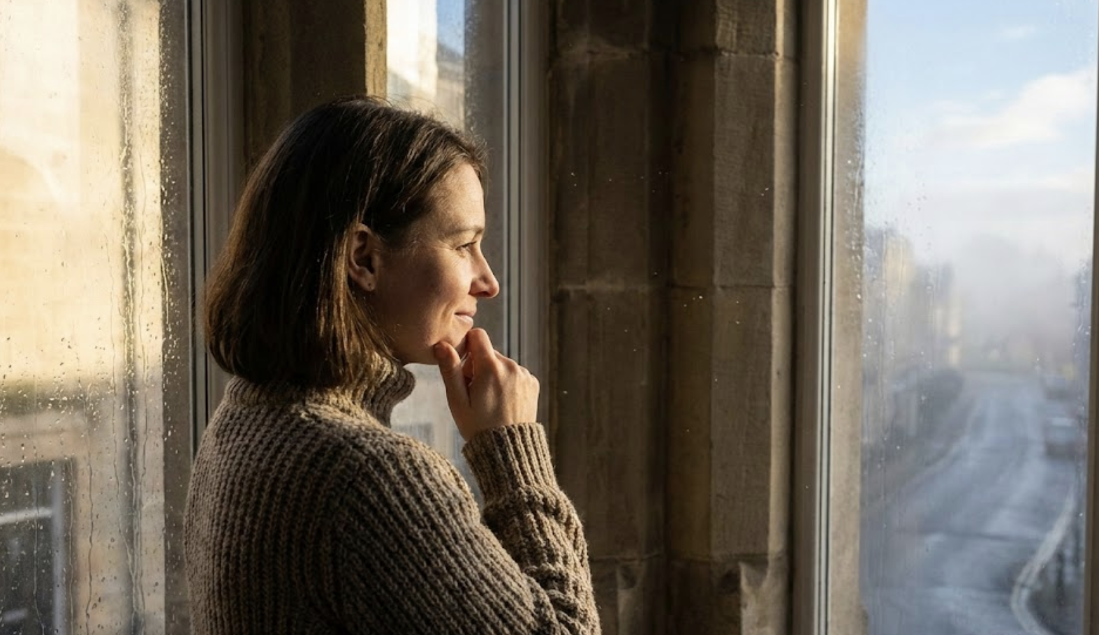 Woman looking hopefully out window toward morning light representing mold recovery hope