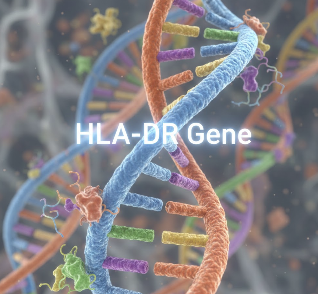 Colorful DNA double helix illustration representing the HLA-DR gene and mold illness genetic susceptibility