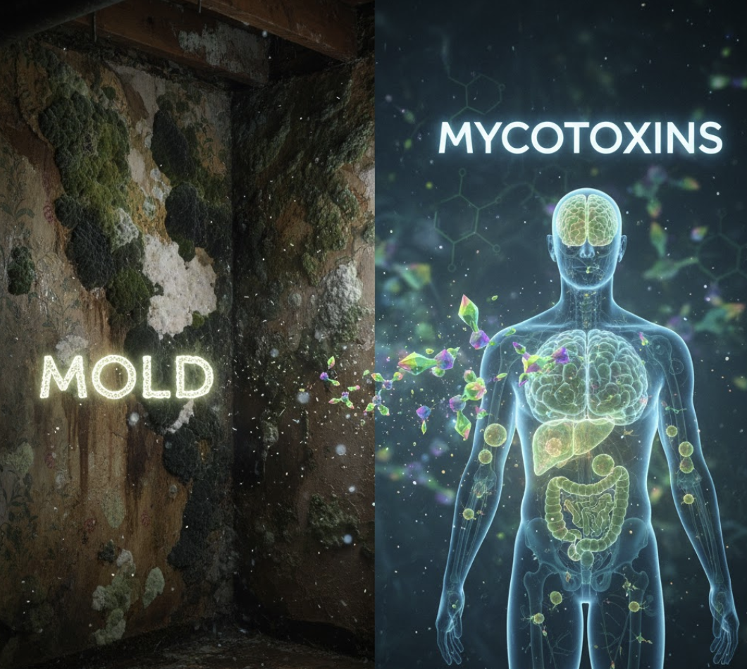 Split illustration showing mold growing on a wall and mycotoxin molecules affecting the human body organs and brain Split illustration showing mold growing on a wall and mycotoxin molecules affecting the human body organs and brain